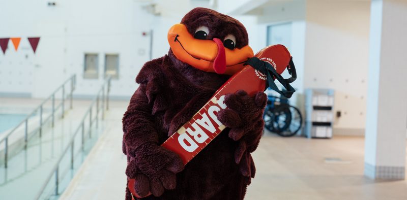 HokieBird posing at the pool